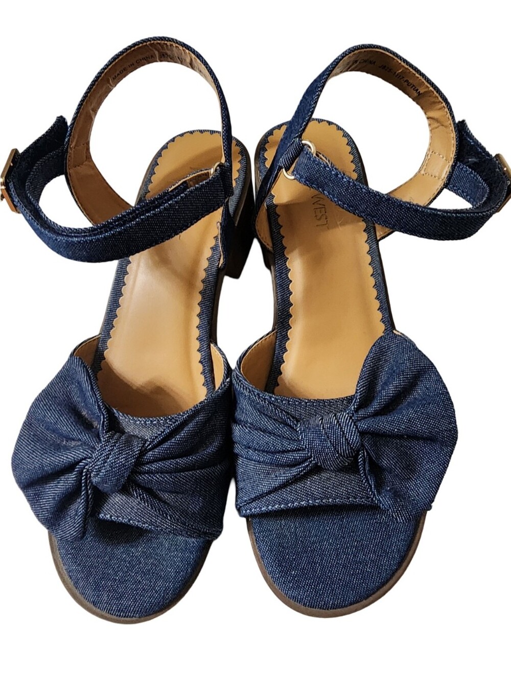 Nine West Keirah Denim Bow Sandals Girls Youth Size 6 Blue Block Heel Dressy